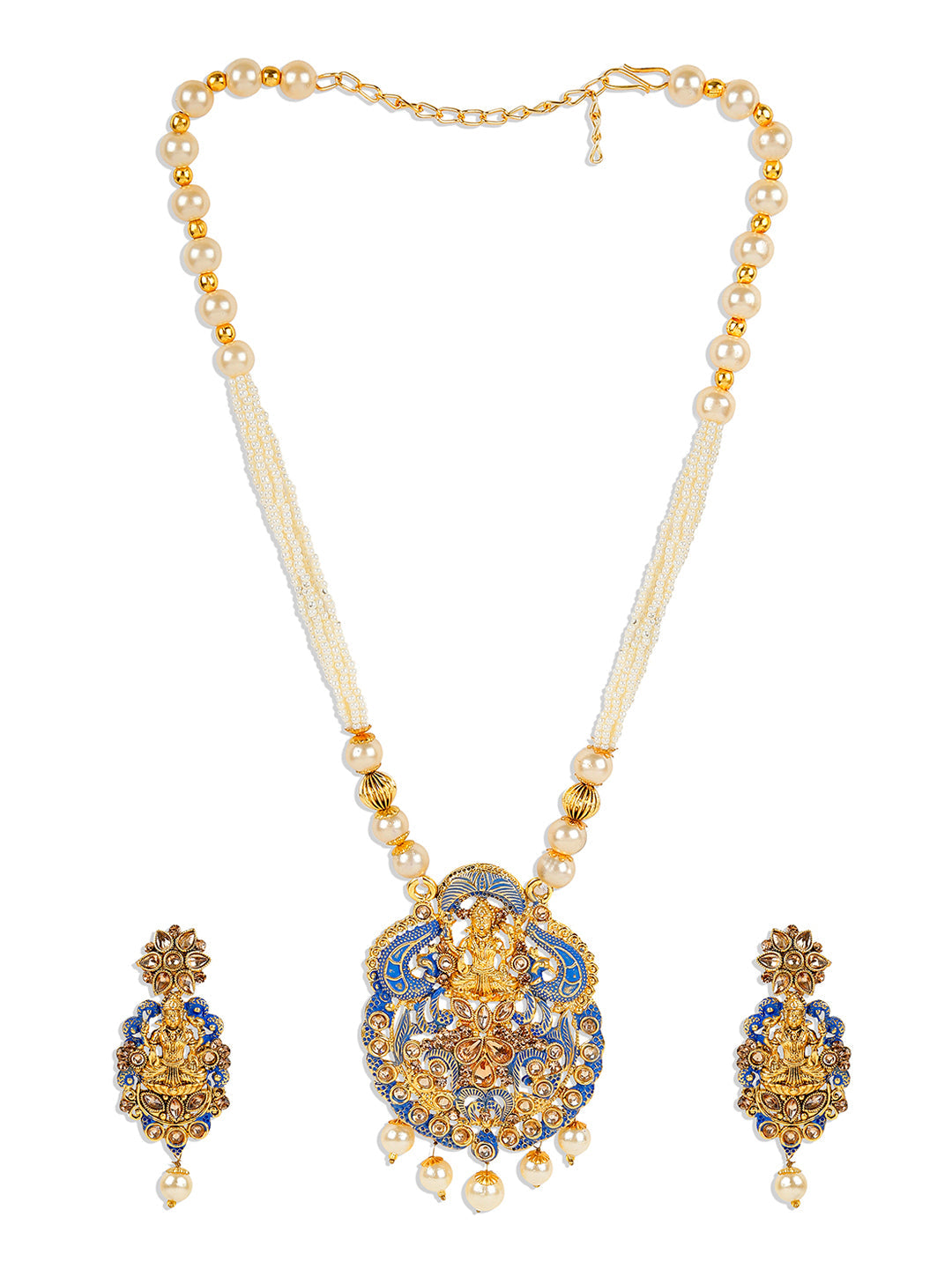 Women's Antique Matte Gold Finish Meenakari  Pearl Temple Jewellery