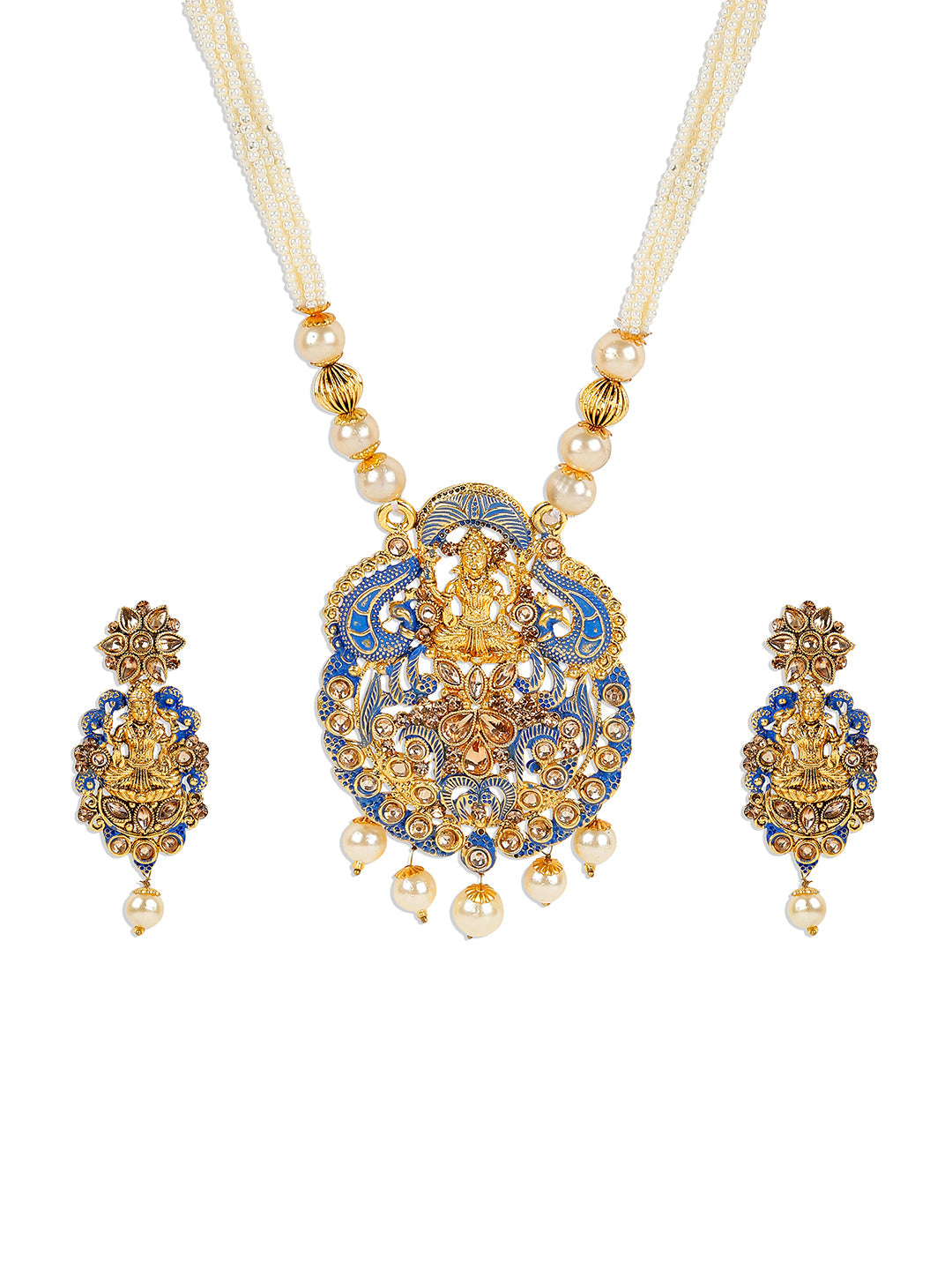 Women's Antique Matte Gold Finish Meenakari  Pearl Temple Jewellery