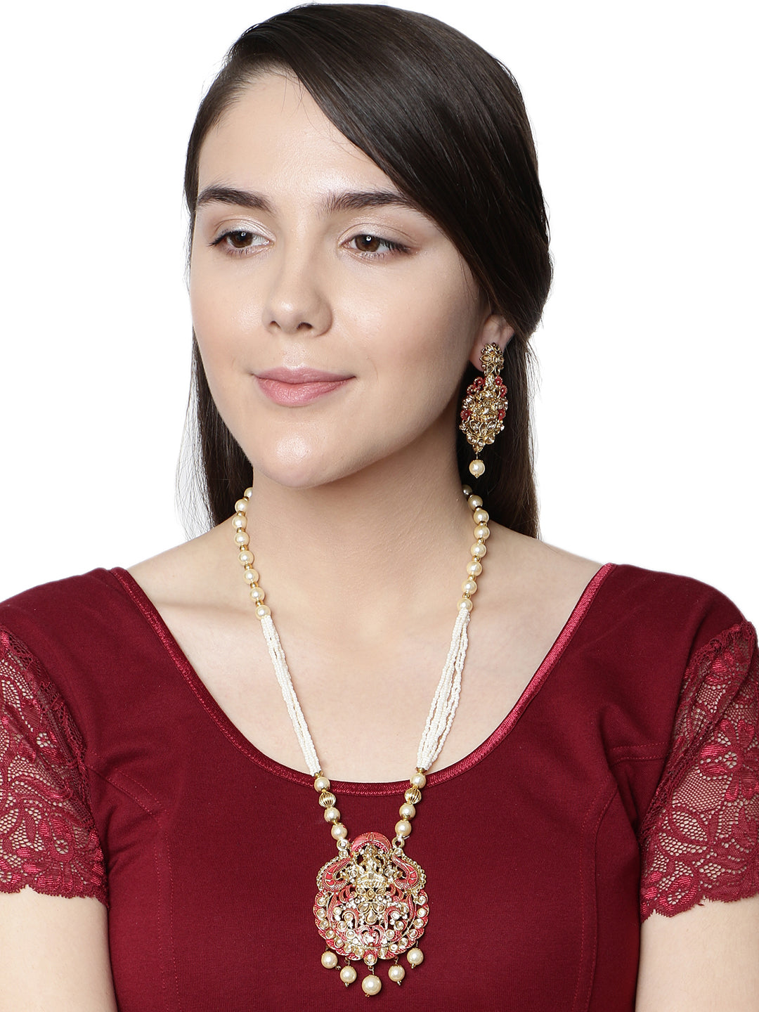 Women's Antique Matte Gold Finish Meenakari  Pearl Temple Jewellery