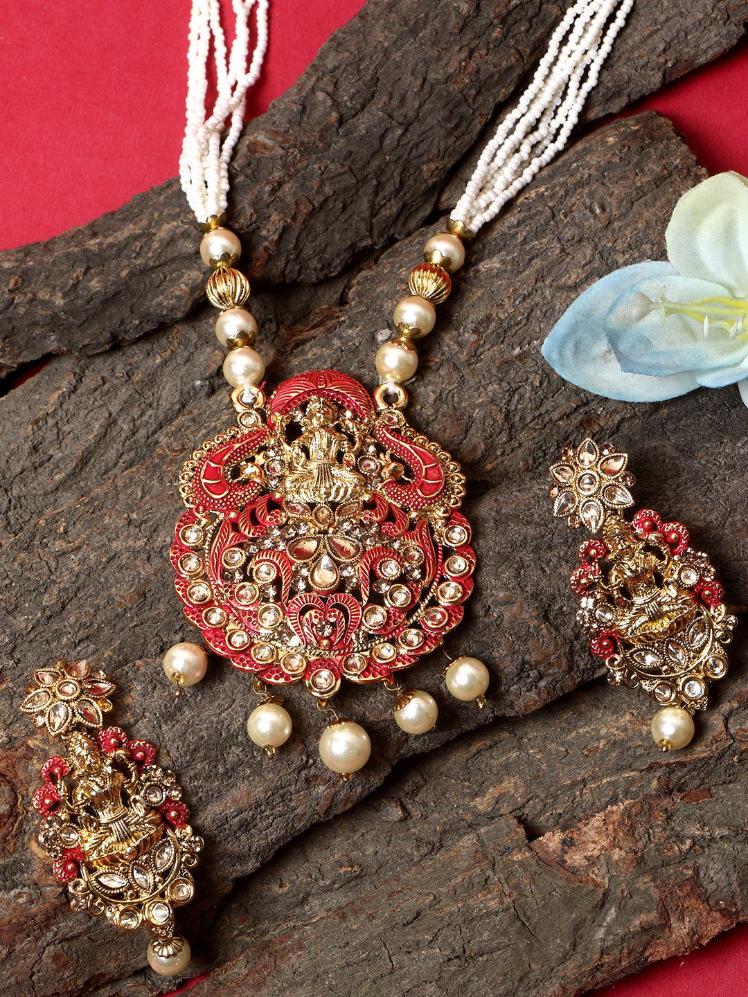 Women's Antique Matte Gold Finish Meenakari  Pearl Temple Jewellery