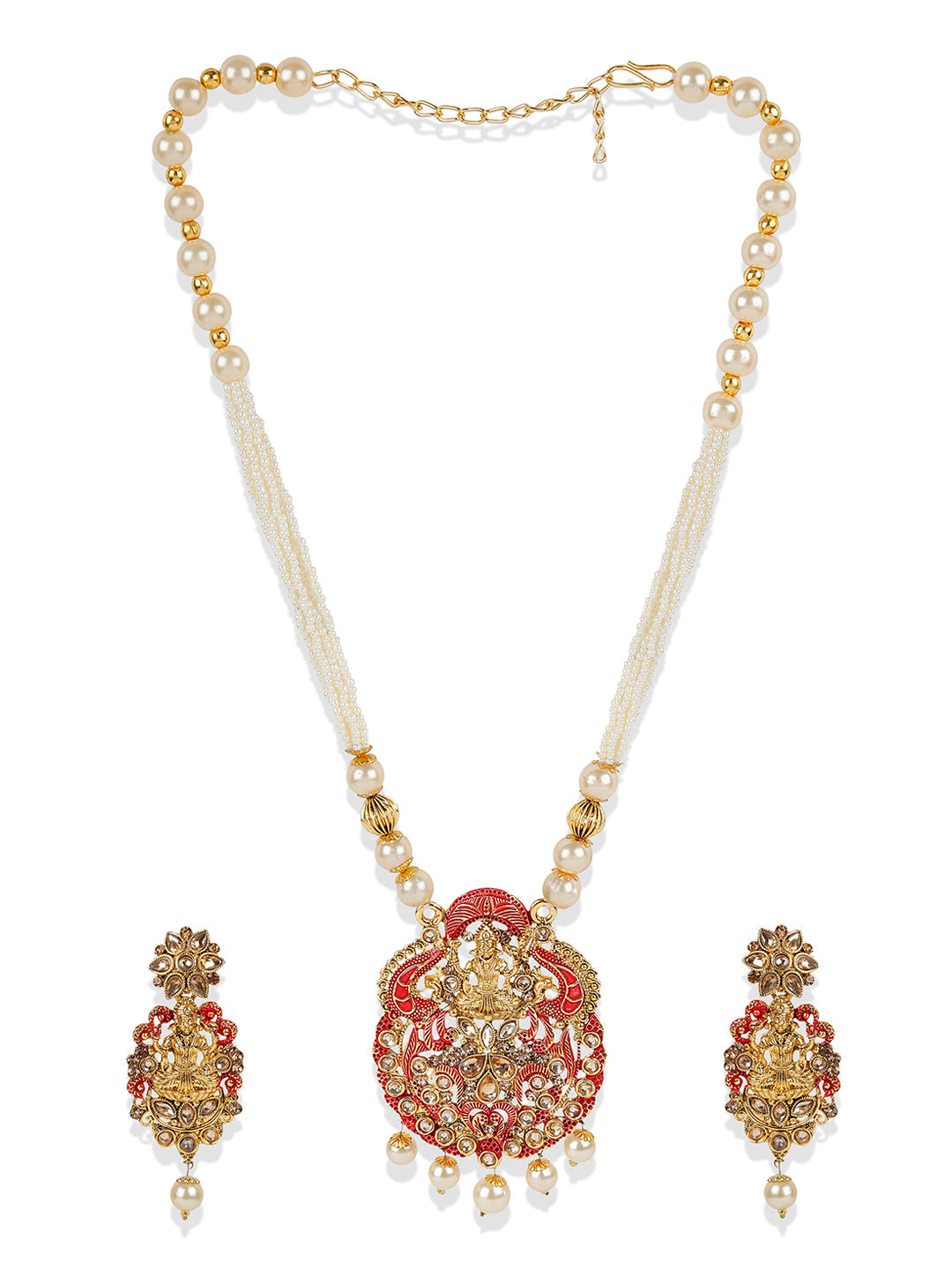 Women's Antique Matte Gold Finish Meenakari  Pearl Temple Jewellery
