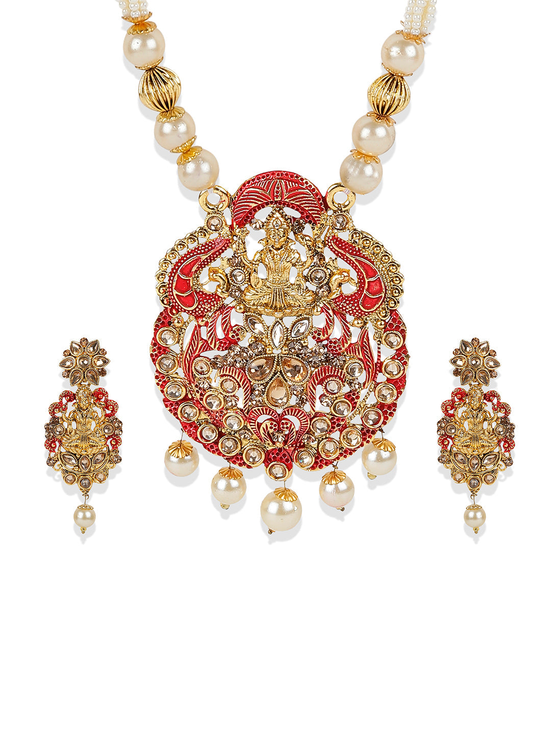 Women's Antique Matte Gold Finish Meenakari  Pearl Temple Jewellery