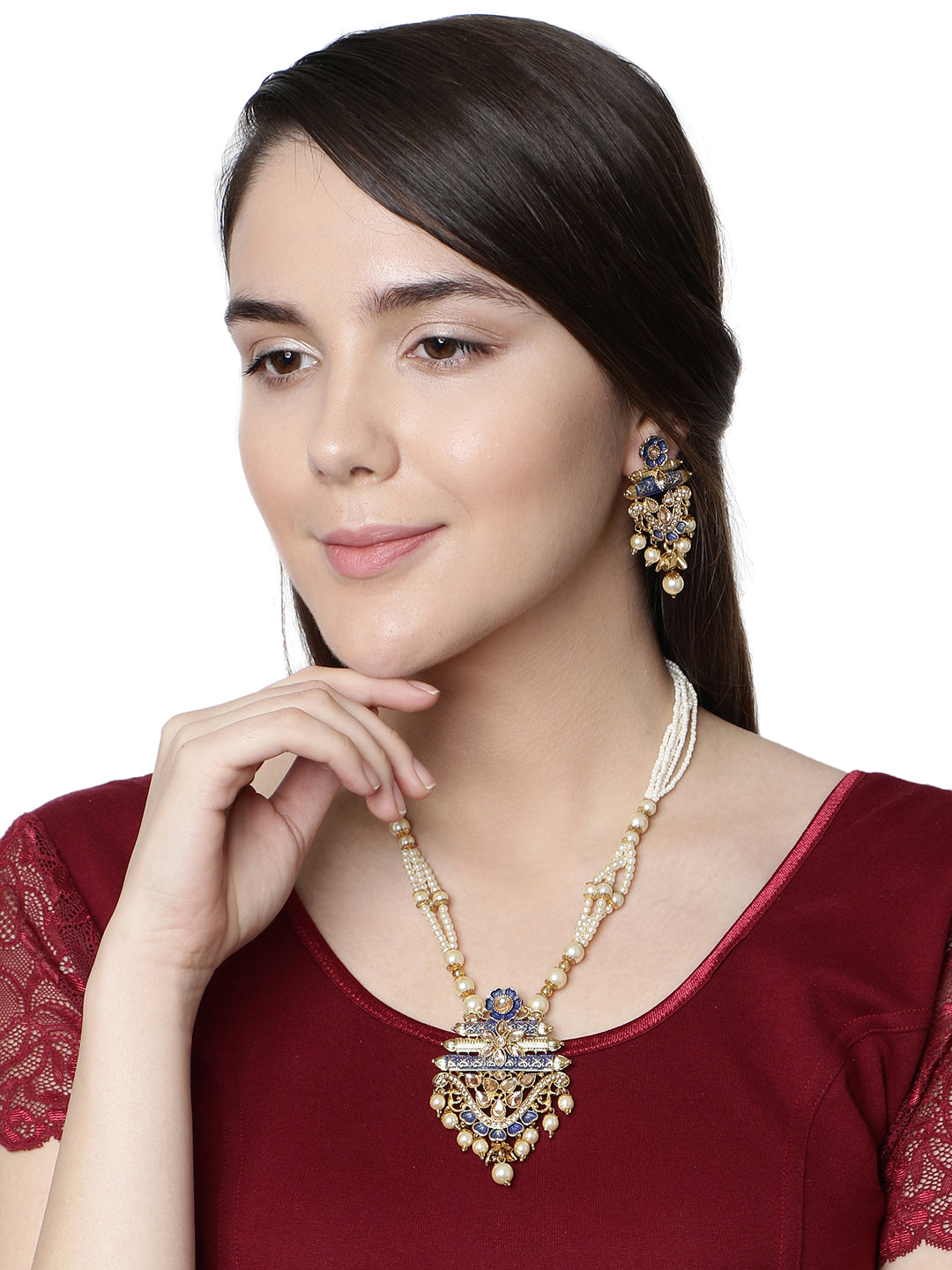 Women's Antique Matte Gold Finish Meenakari  Pearl Temple Jewellery