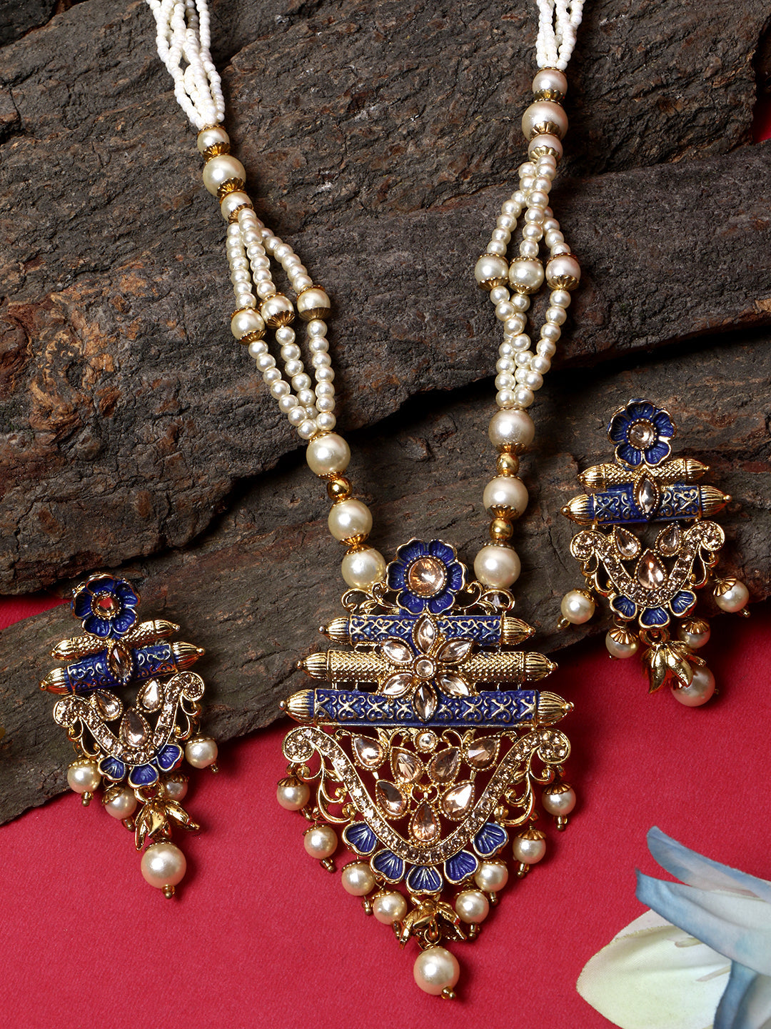Women's Antique Matte Gold Finish Meenakari  Pearl Temple Jewellery