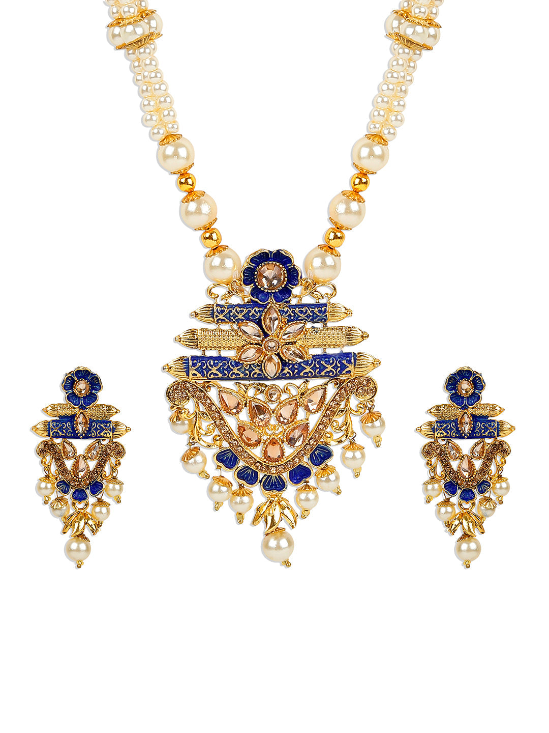 Women's Antique Matte Gold Finish Meenakari  Pearl Temple Jewellery