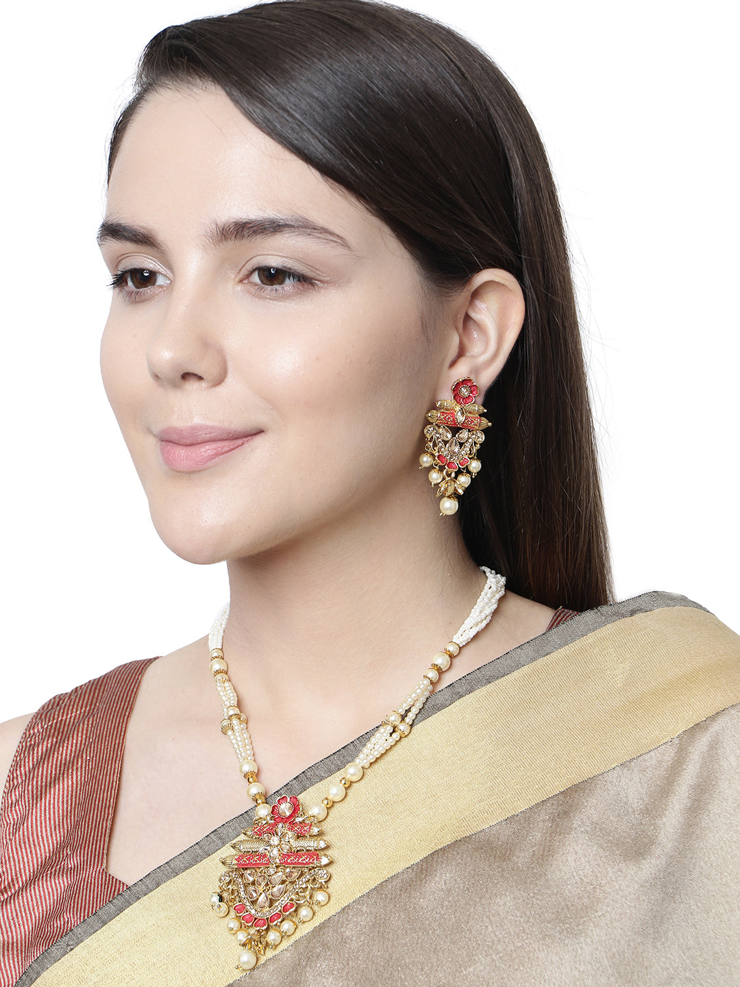 Women's Antique Matte Gold Finish  Meenakari Pearl Jewellery