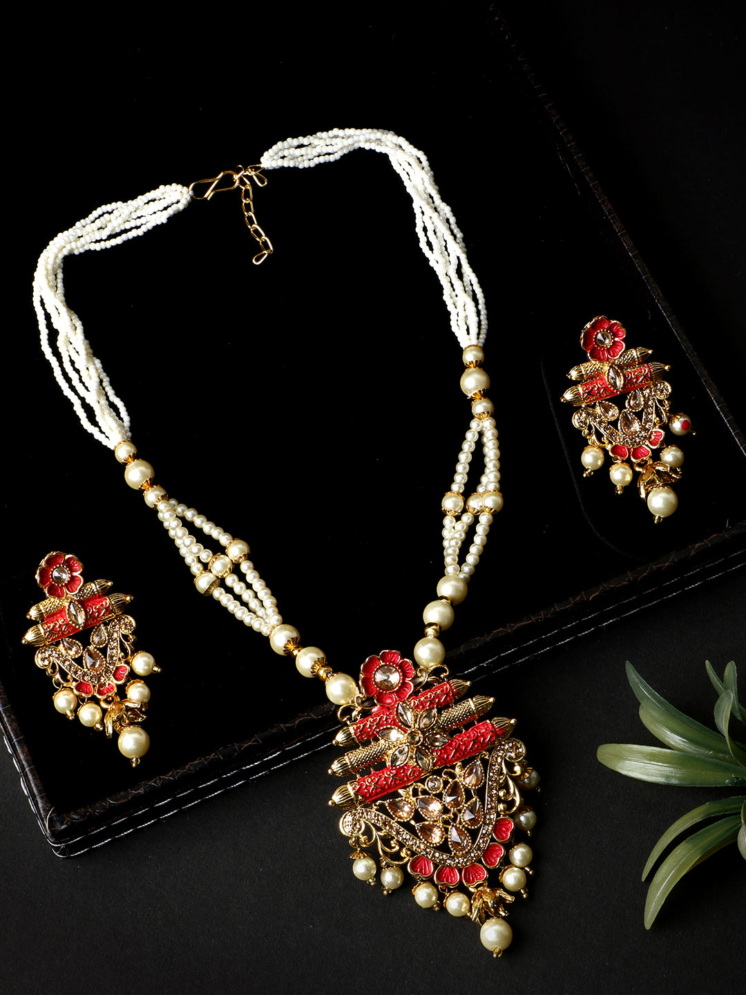 Women's Antique Matte Gold Finish  Meenakari Pearl Jewellery