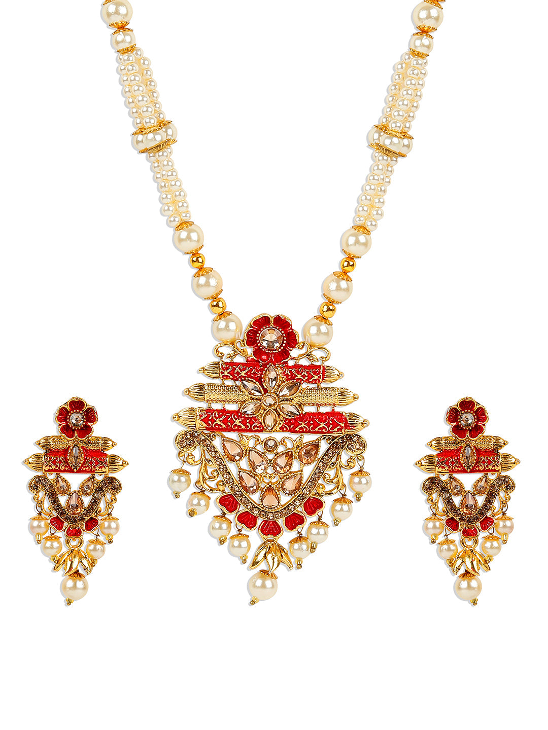 Women's Antique Matte Gold Finish  Meenakari Pearl Jewellery
