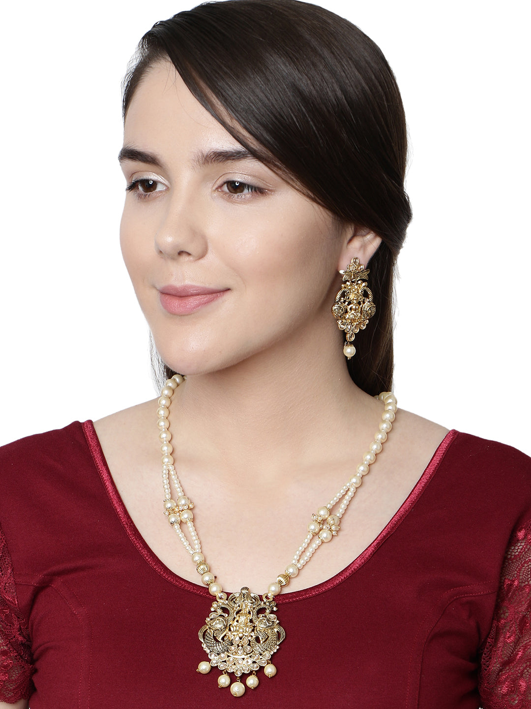 Women's Antique Matte Gold Finish Meenakari  Pearl  Temple Jewellery