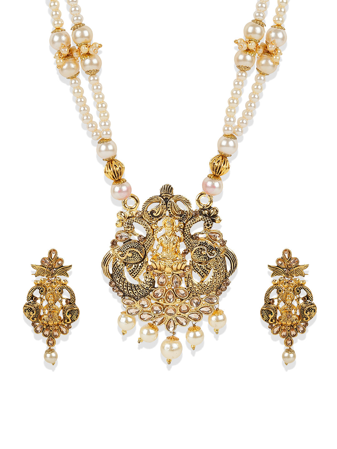 Women's Antique Matte Gold Finish Meenakari  Pearl  Temple Jewellery