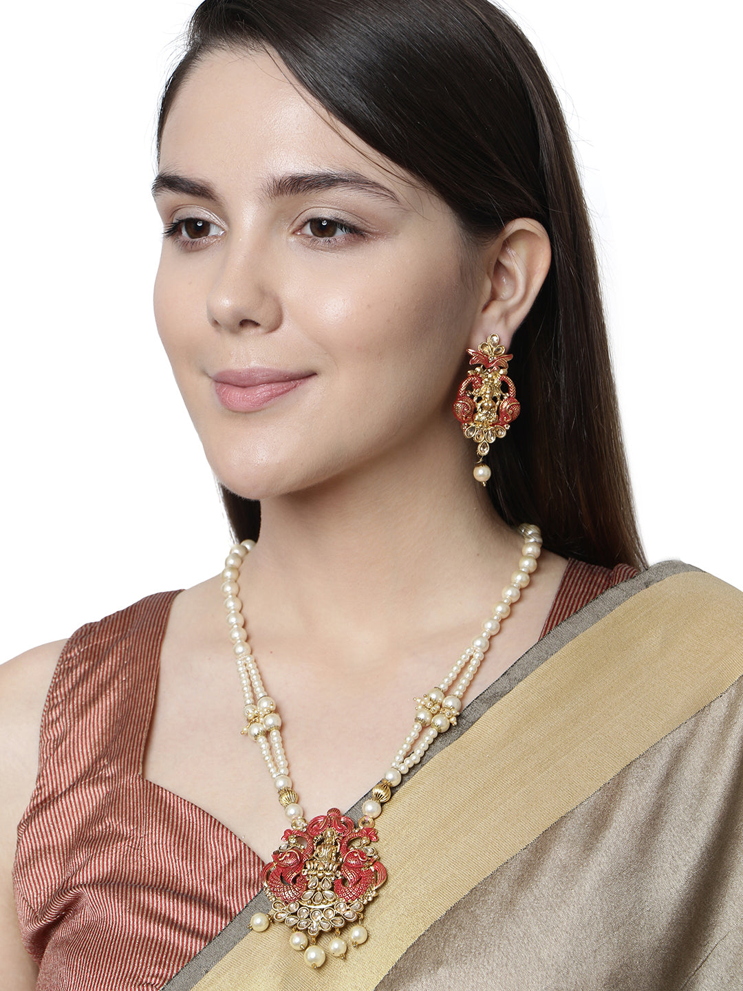 Women's Antique Matte Gold Finish Meenakari  Pearl  Temple Jewellery
