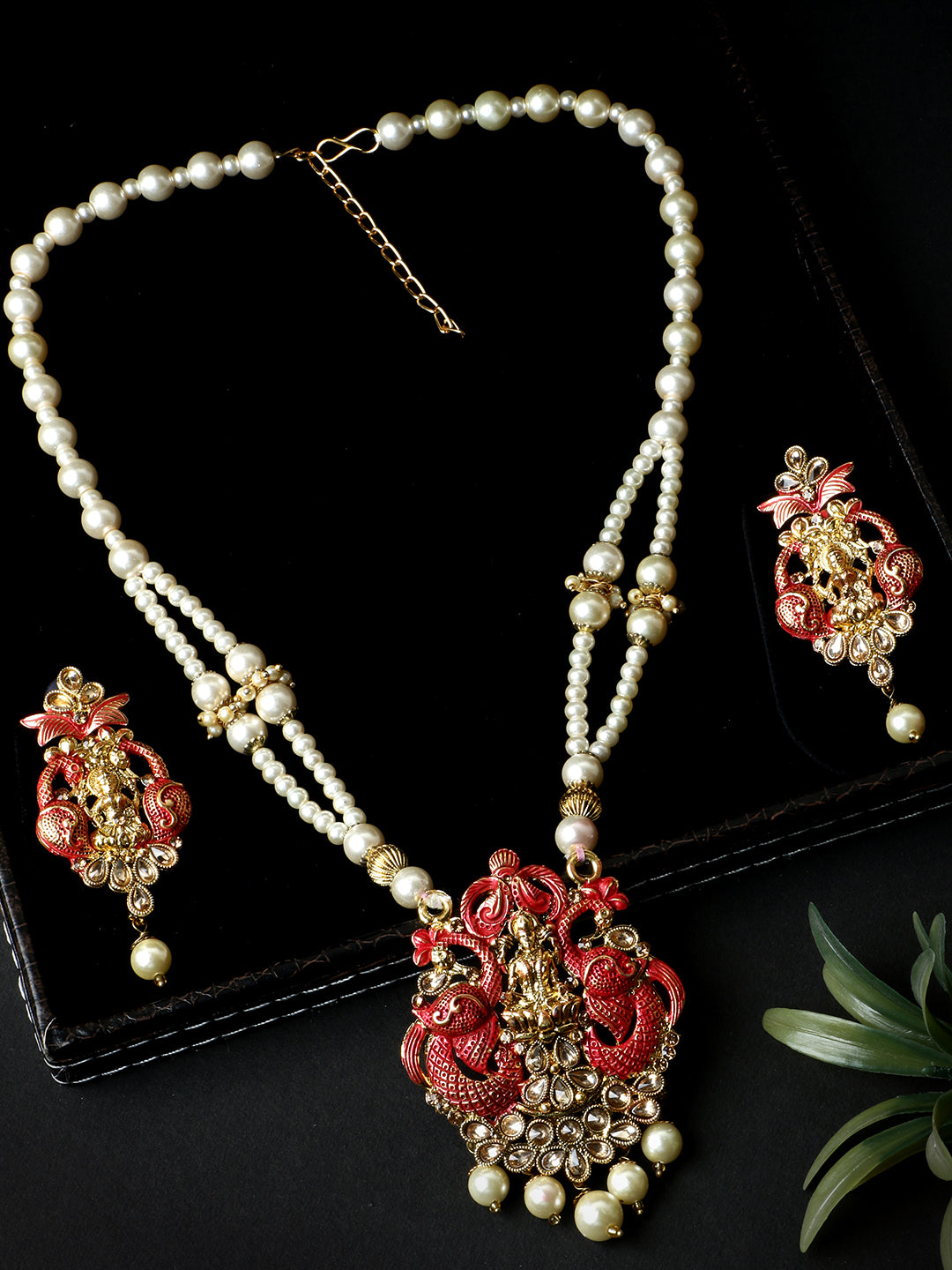Women's Antique Matte Gold Finish Meenakari  Pearl  Temple Jewellery