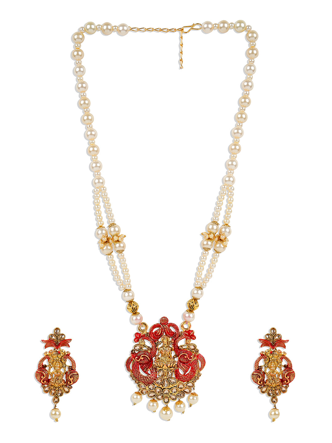 Women's Antique Matte Gold Finish Meenakari  Pearl  Temple Jewellery