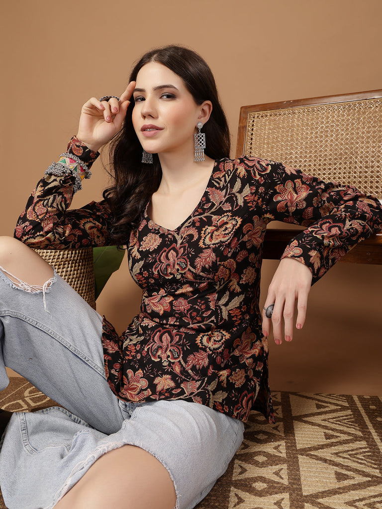Women's Black Floral Printed Cotton Straight Top