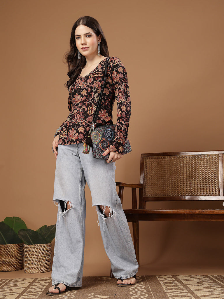 Women's Black Floral Printed Cotton Straight Top