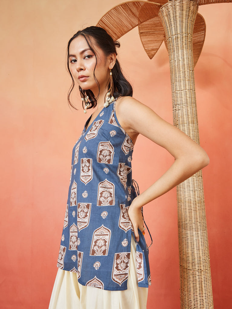 Women's Blue Ethnic Printed Cotton Straight Top