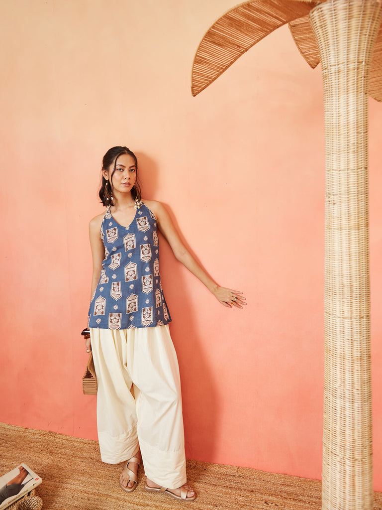Women's Blue Ethnic Printed Cotton Straight Top