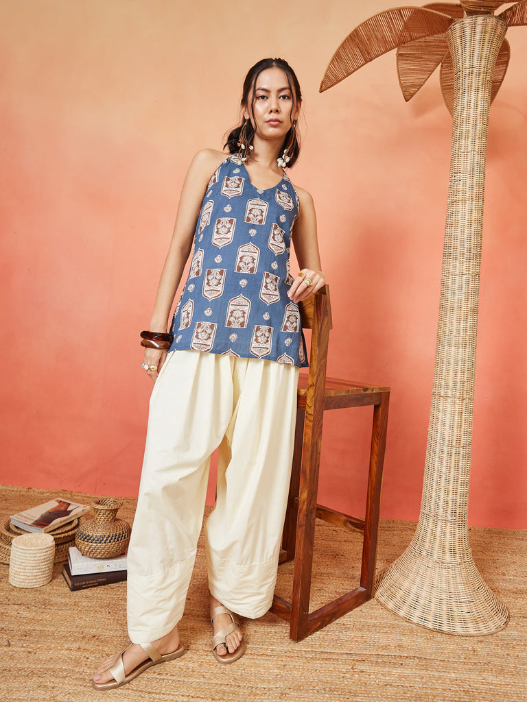 Women's Blue Ethnic Printed Cotton Straight Top