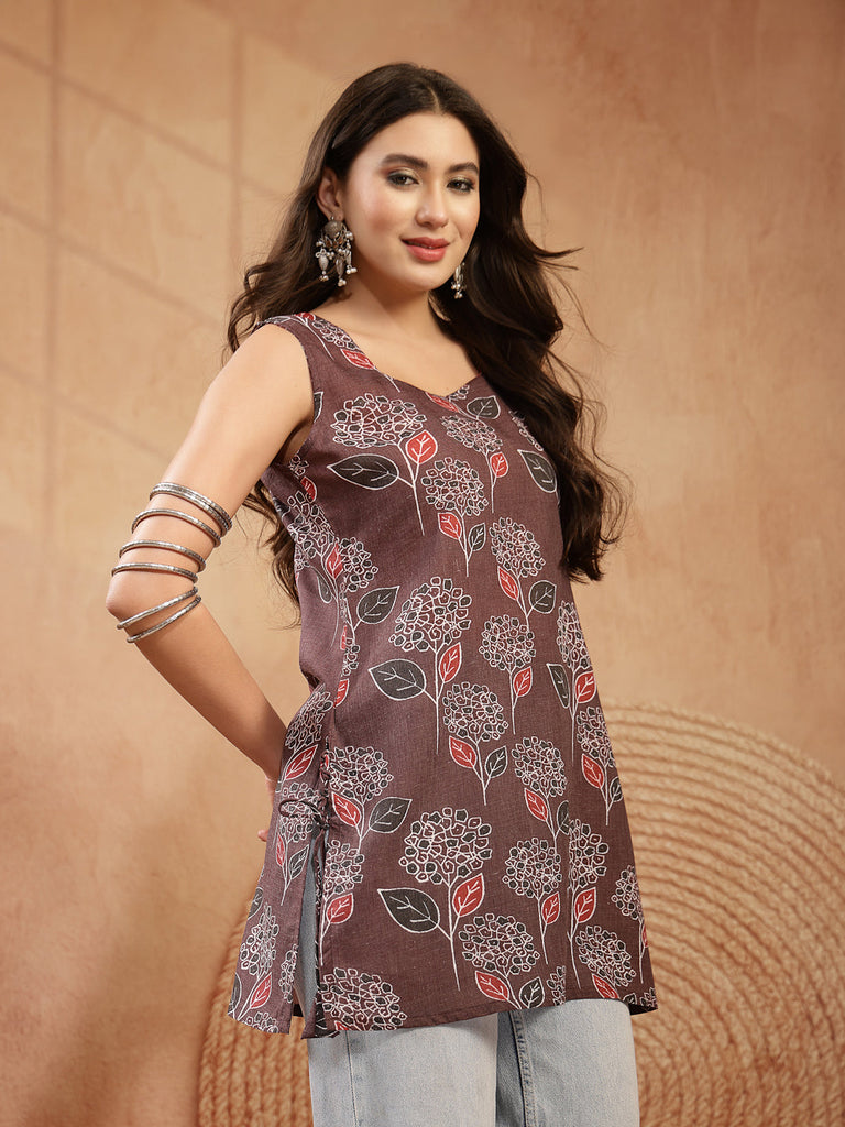 Women's Brown Ikkat Printed Cotton Blend Straight Top
