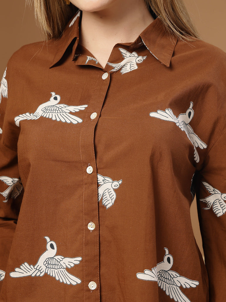 Women's Brown Printed Rayon High-Low Shirt