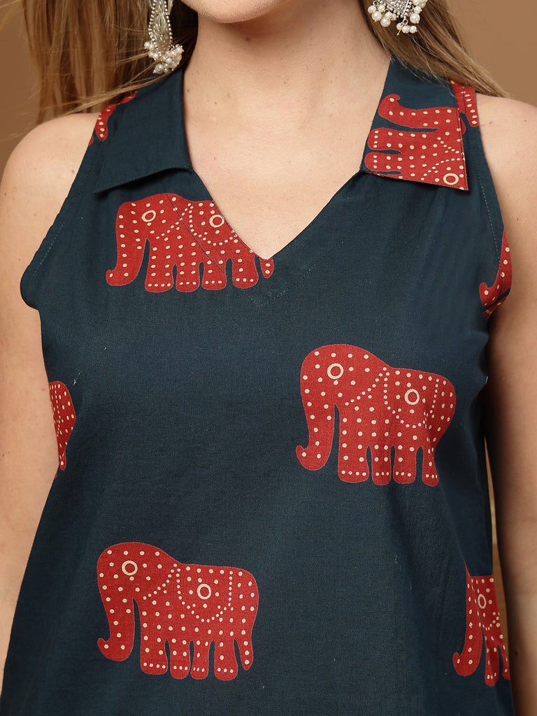 Women's Green Animal Printed Cotton Straight Top