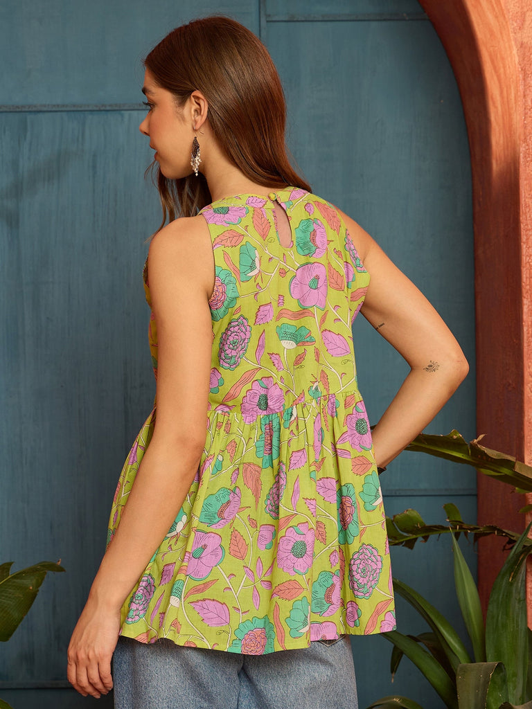 Women's Green Floral Printed Cotton Empire Top