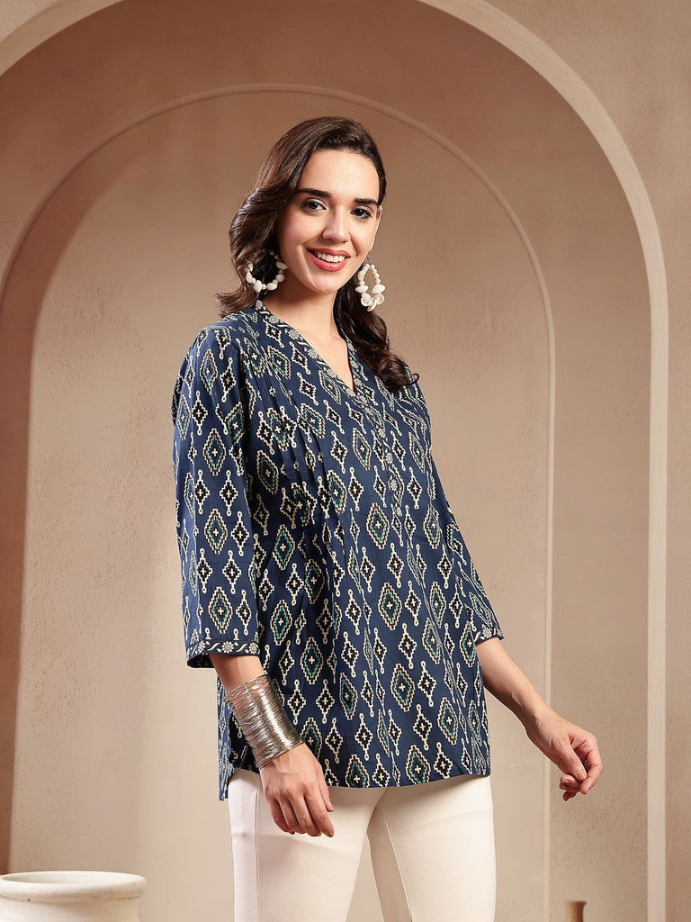 Women's Blue Ethnic Printed Cotton Empire Top