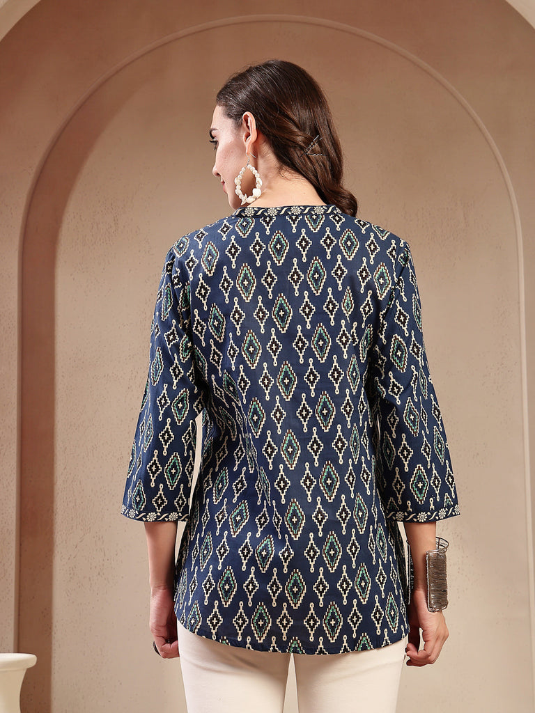 Women's Blue Ethnic Printed Cotton Empire Top