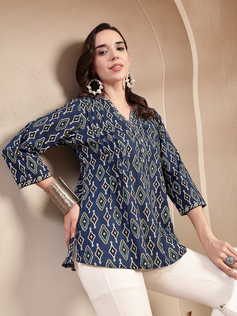 Women's Blue Ethnic Printed Cotton Empire Top