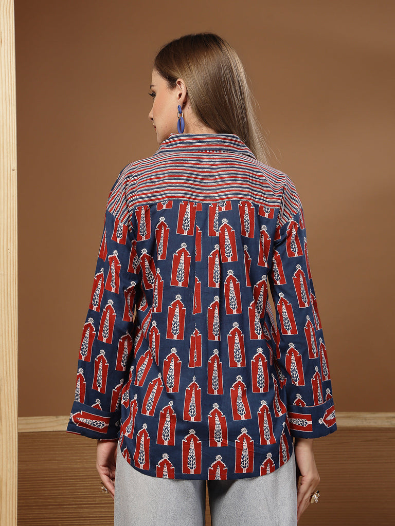 Women's Indigo Ethnic Printed Cotton Shirt