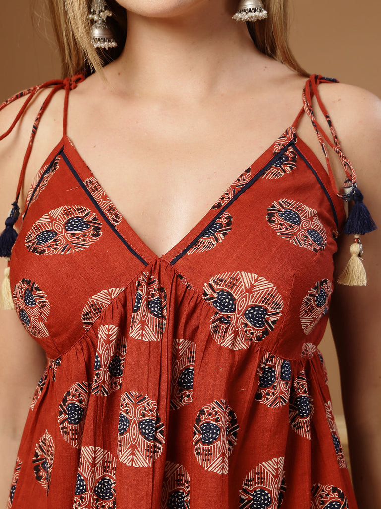 Women's Maroon Ethnic Printed Cotton Peplum Top