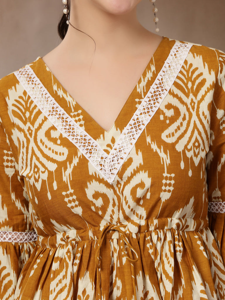 Women's Mustard Ikkat Printed Cotton Empire Top