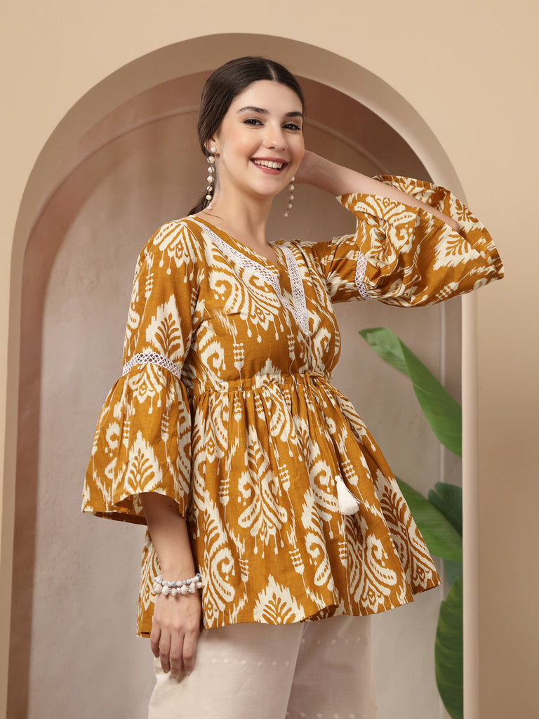 Women's Mustard Ikkat Printed Cotton Empire Top