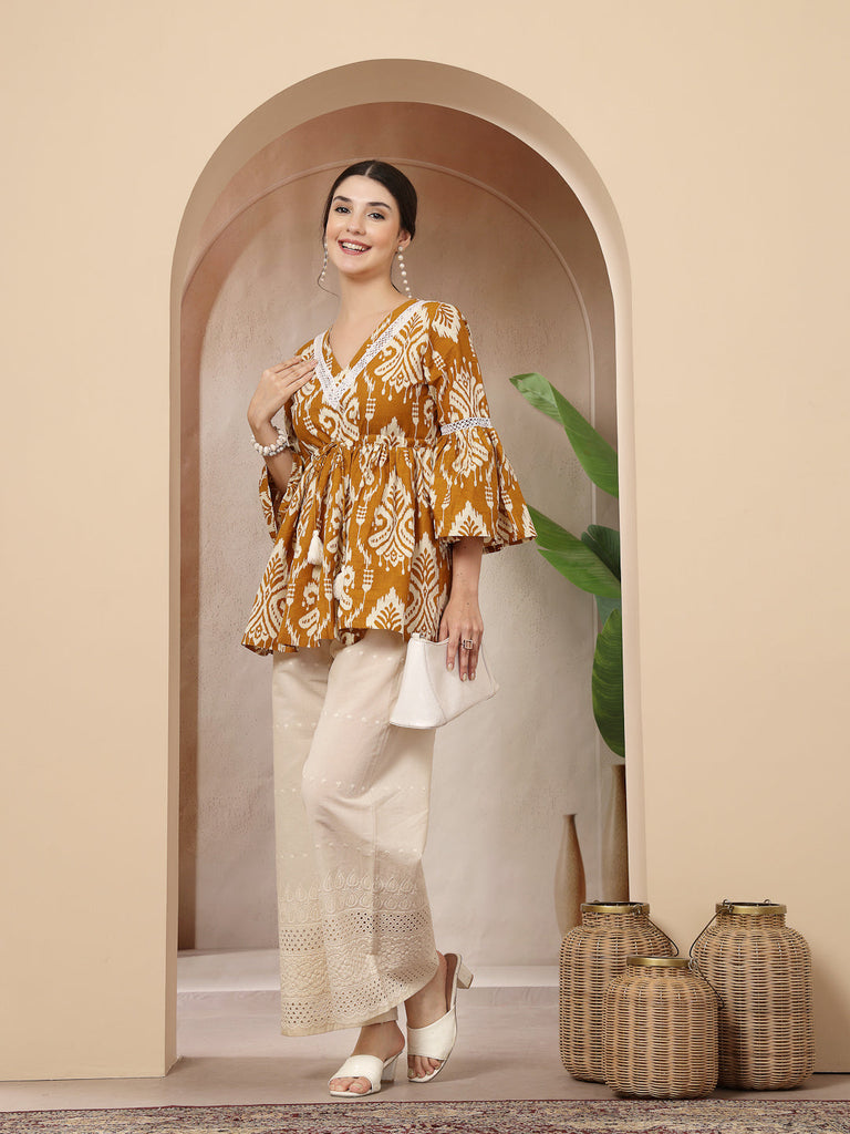 Women's Mustard Ikkat Printed Cotton Empire Top