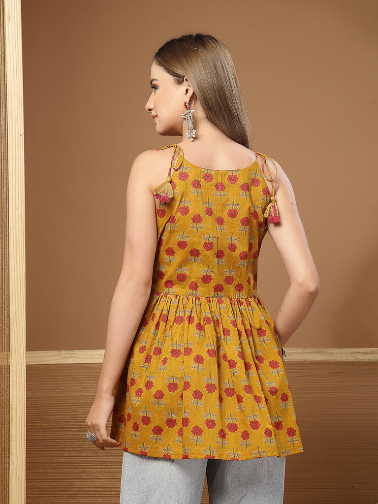 Women's Mustard Floral Printed Cotton Empire Top