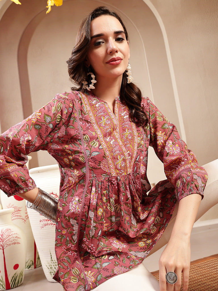 Women's Pink Floral Printed Cotton Empire Top
