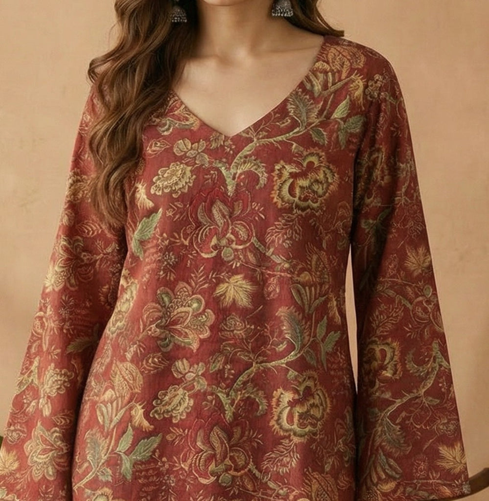 Women's Red Floral Printed Cotton Straight Top