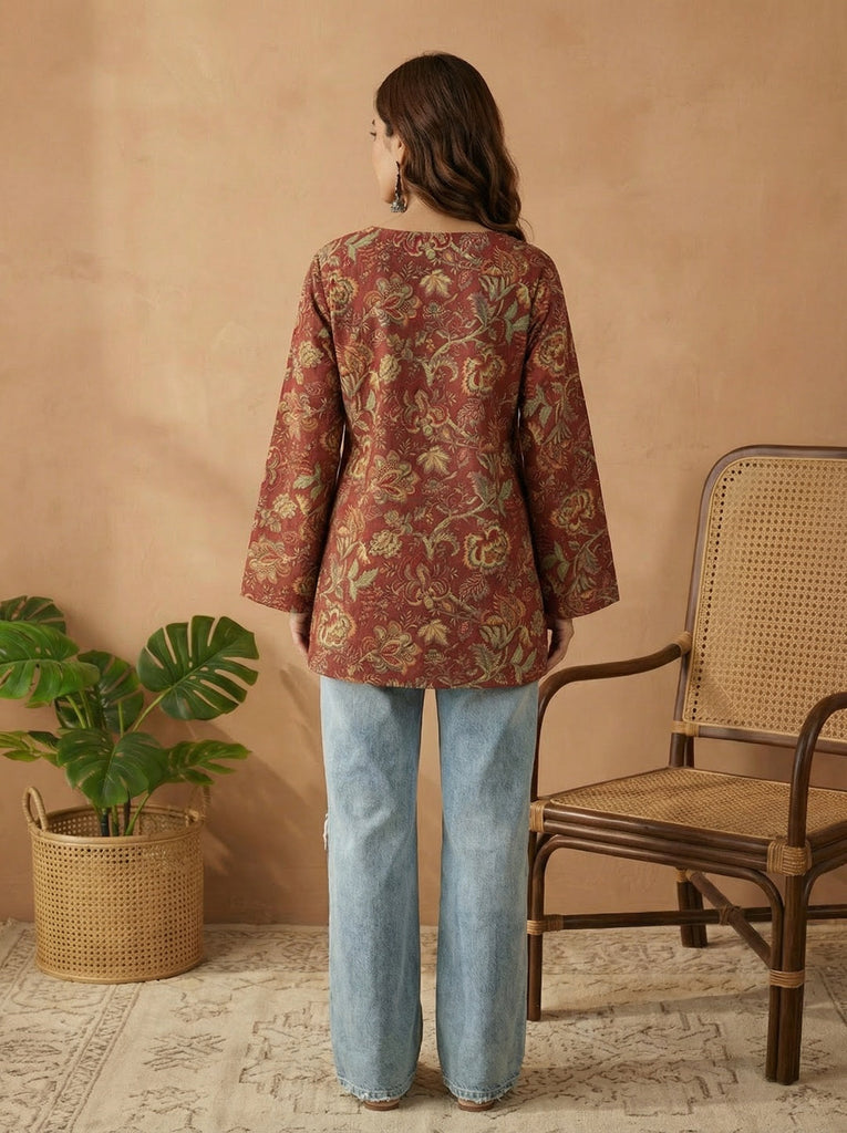 Women's Red Floral Printed Cotton Straight Top