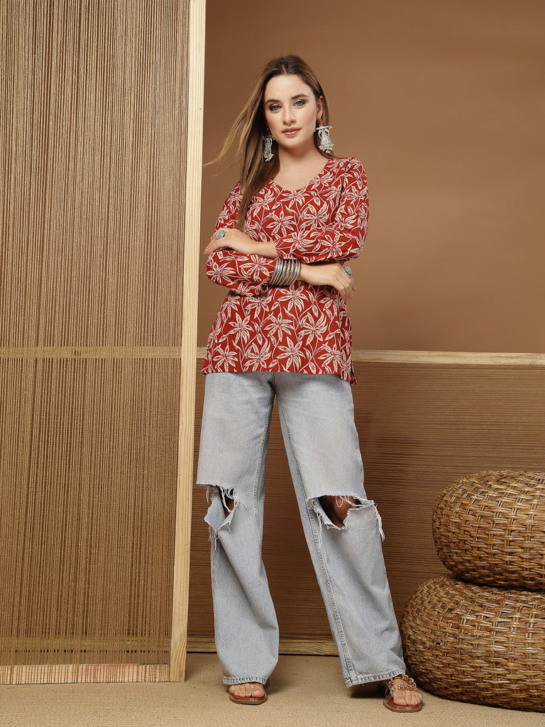 Women's Rust Floral Printed Cotton Straight Top