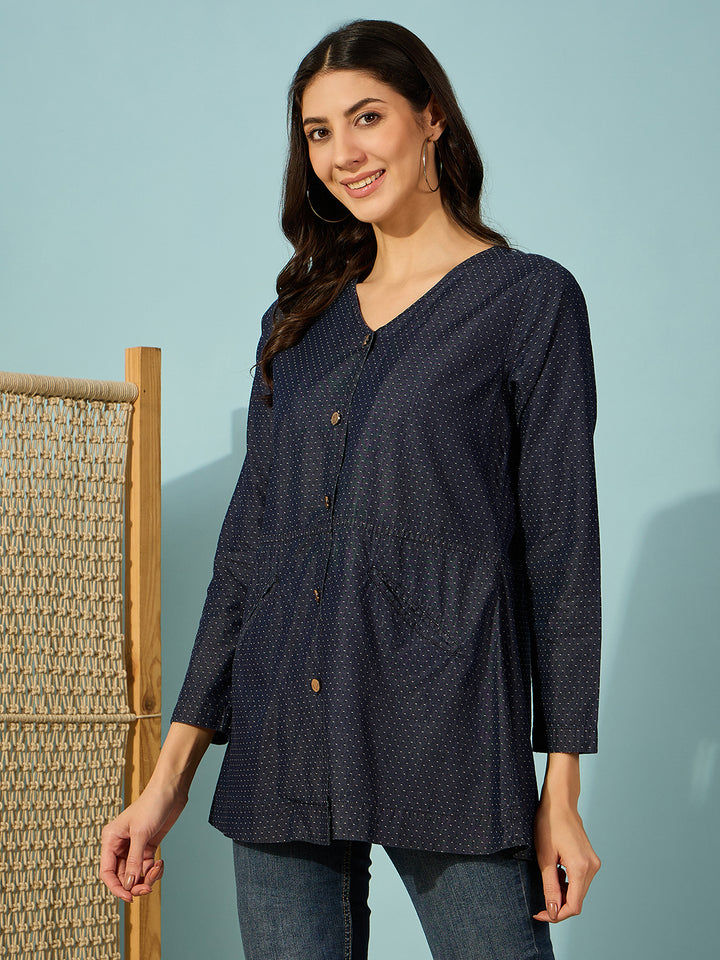 Women's Blue Cotton Self Design Top