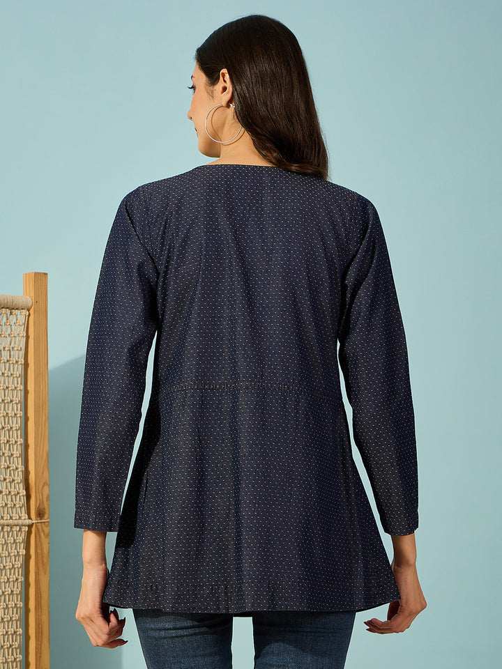 Women's Blue Cotton Self Design Top