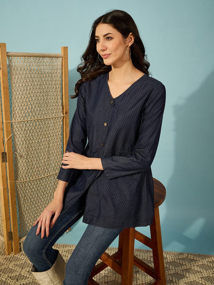 Women's Blue Cotton Self Design Top