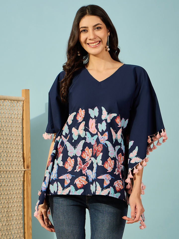 Women's Navy Blue Cotton Floral Kaftan