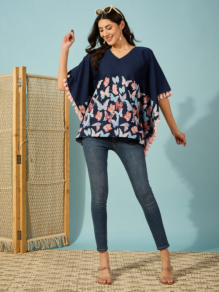 Women's Navy Blue Cotton Floral Kaftan