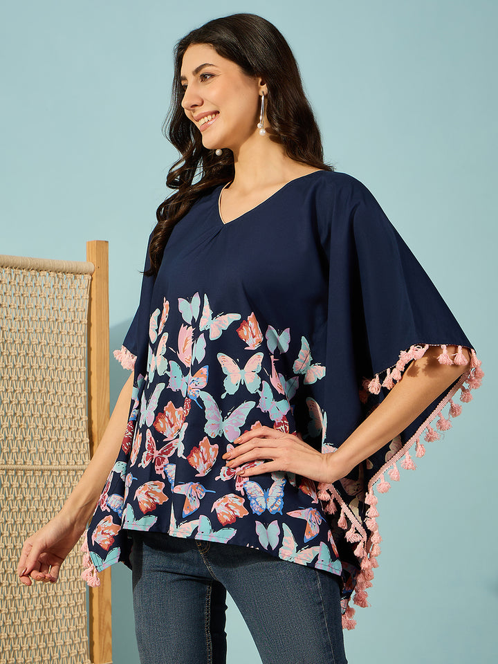 Women's Navy Blue Cotton Floral Kaftan