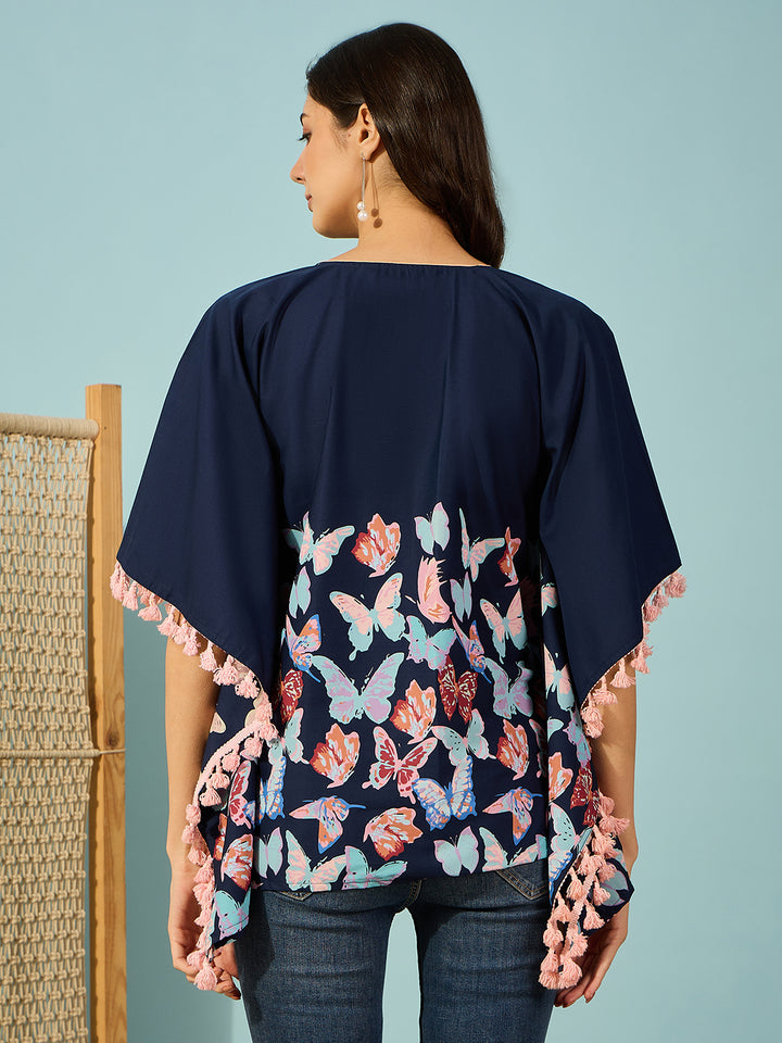 Women's Navy Blue Cotton Floral Kaftan