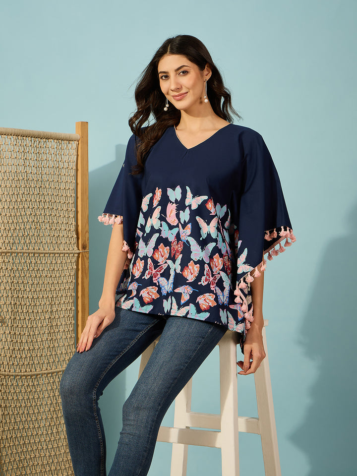 Women's Navy Blue Cotton Floral Kaftan