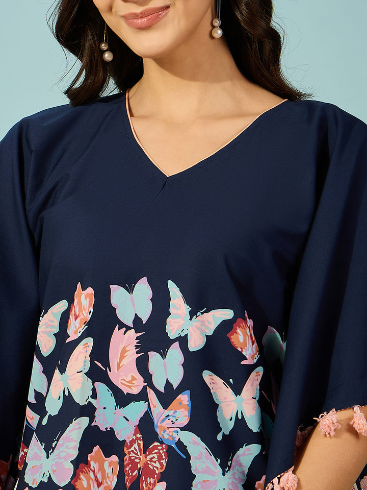 Women's Navy Blue Cotton Floral Kaftan