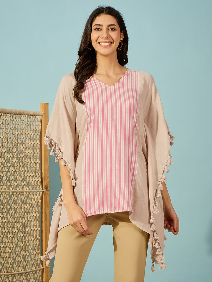 Women's Beige Cotton Stripes Kaftan