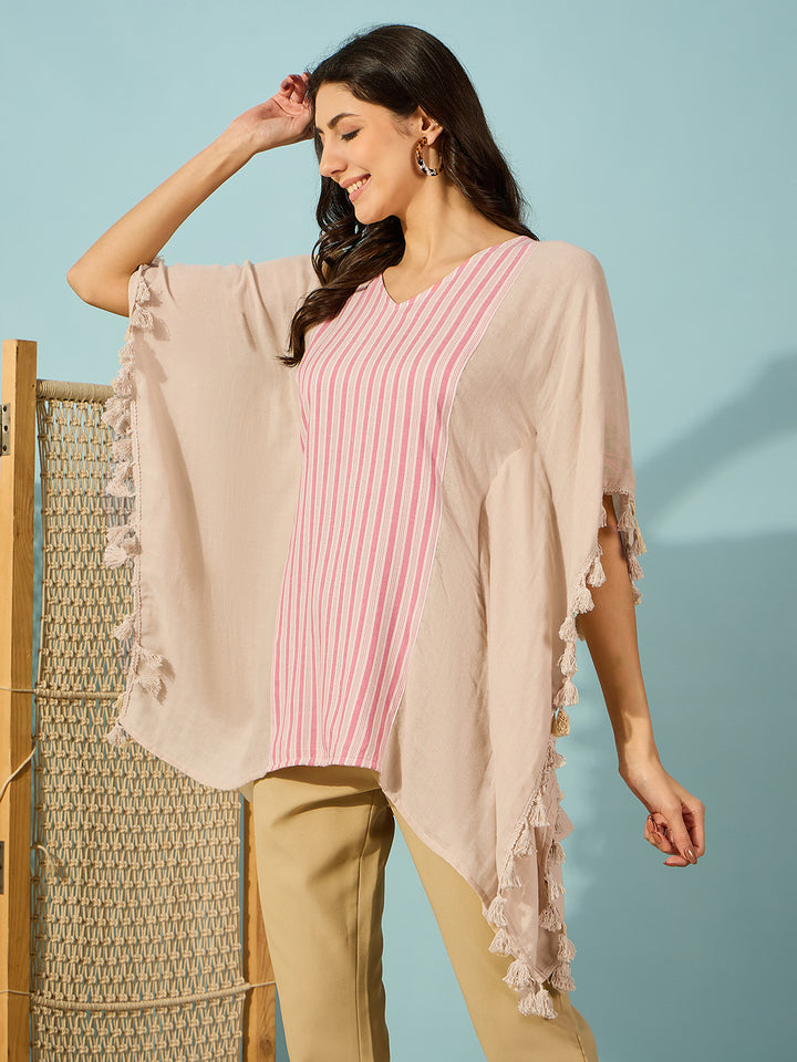 Women's Beige Cotton Stripes Kaftan